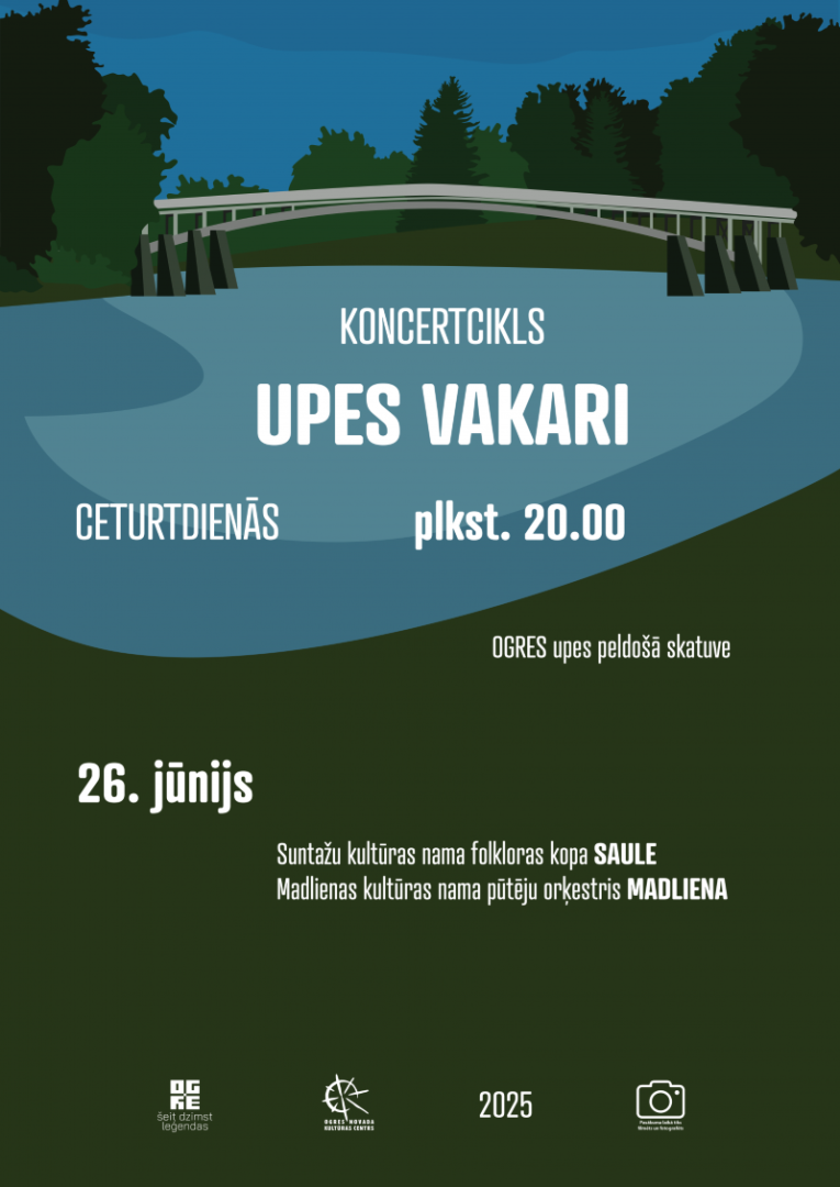 26. jūnijā plkst. 20.00 koncertcikla UPES VAKARI koncerts uz peldošās skatuves Ogrē 