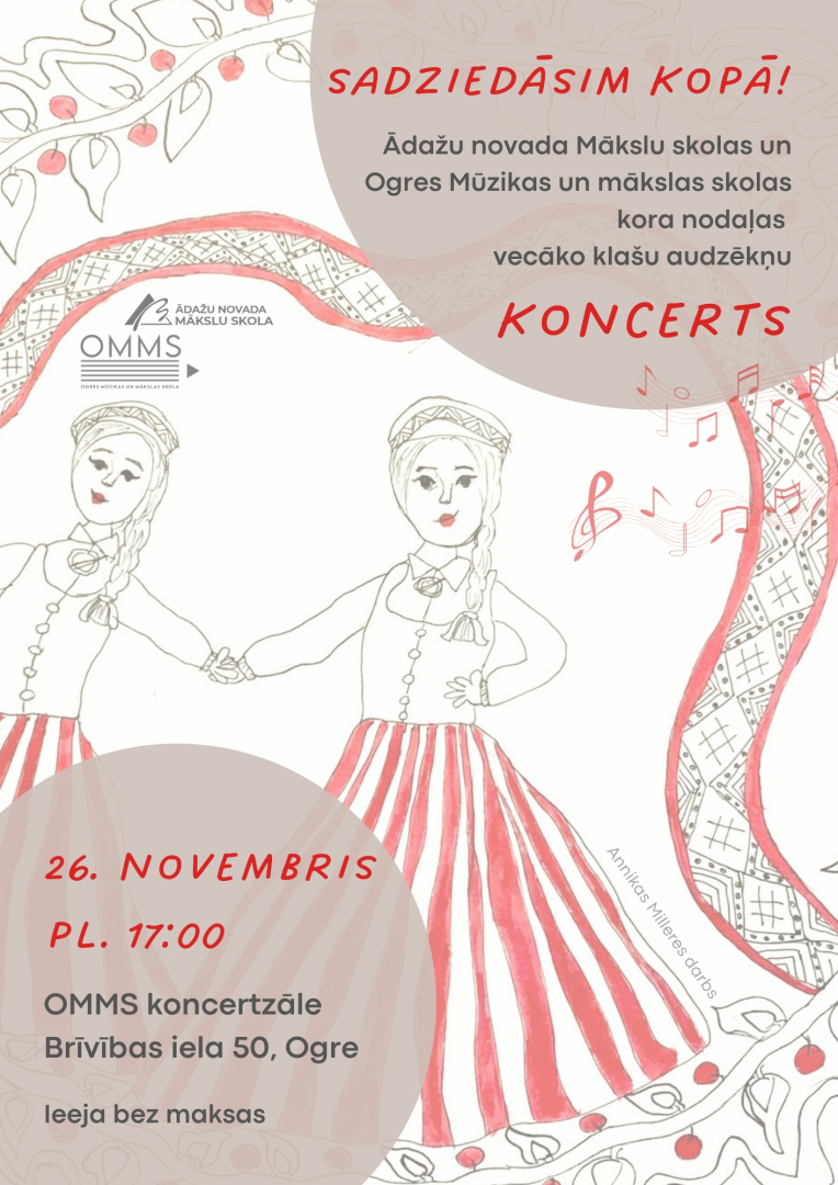 Afiša koncertam "Sadziedāsim kopā!". Attēlā bērna zīmējums ar tautumeitām