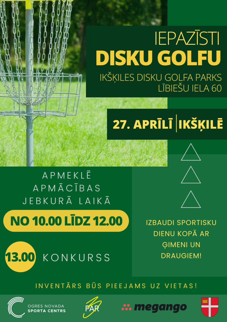 Pasākums Iepazīsti disku golfu Ikšķilē 27. aprīlī no plkst. 10.00 līdz 12.00 Ikšķiles disku golfa parkā Lībiešu ielā 60