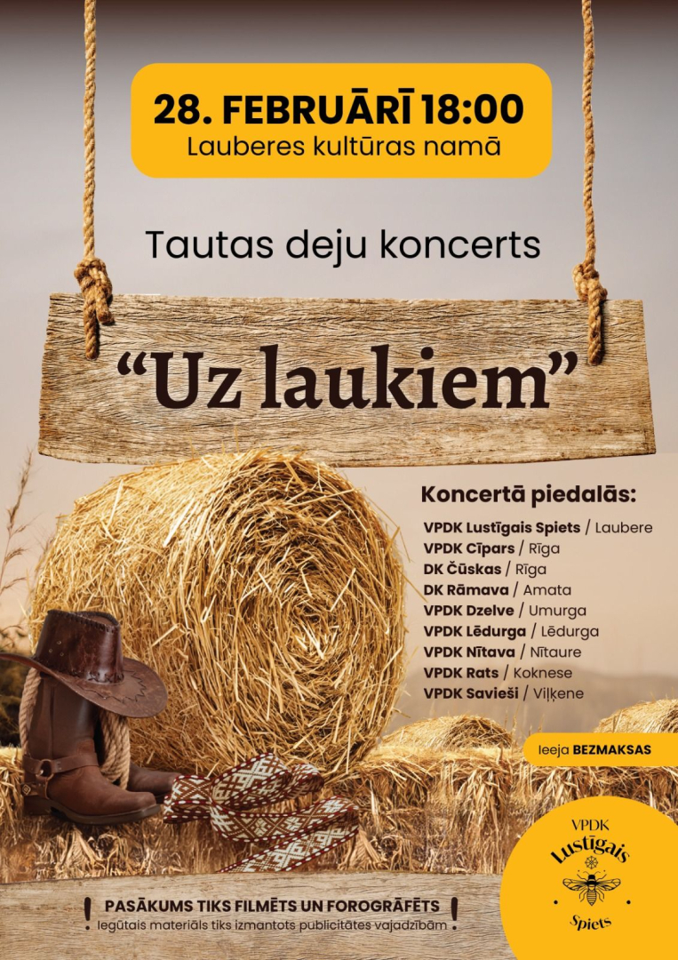 Afiša ar informāciju par pasākumu, fona attēlā siena rullis, tautiska josta, kovboja zābali un platmale