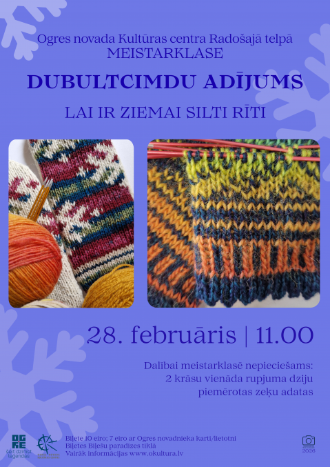 Afiša ar informāciju par pasākumu un rakstainu adījumu attēliem