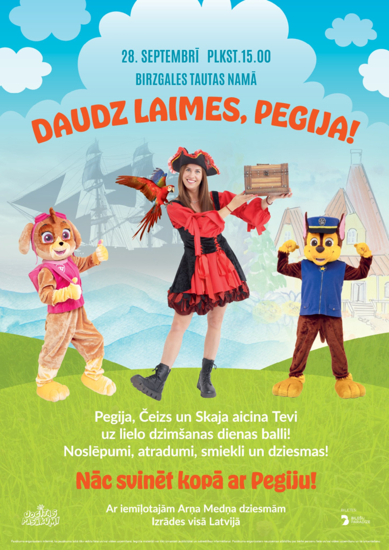 Afiša izrārei Daudz laimes, Pegija! ar multfilmu varoņiem