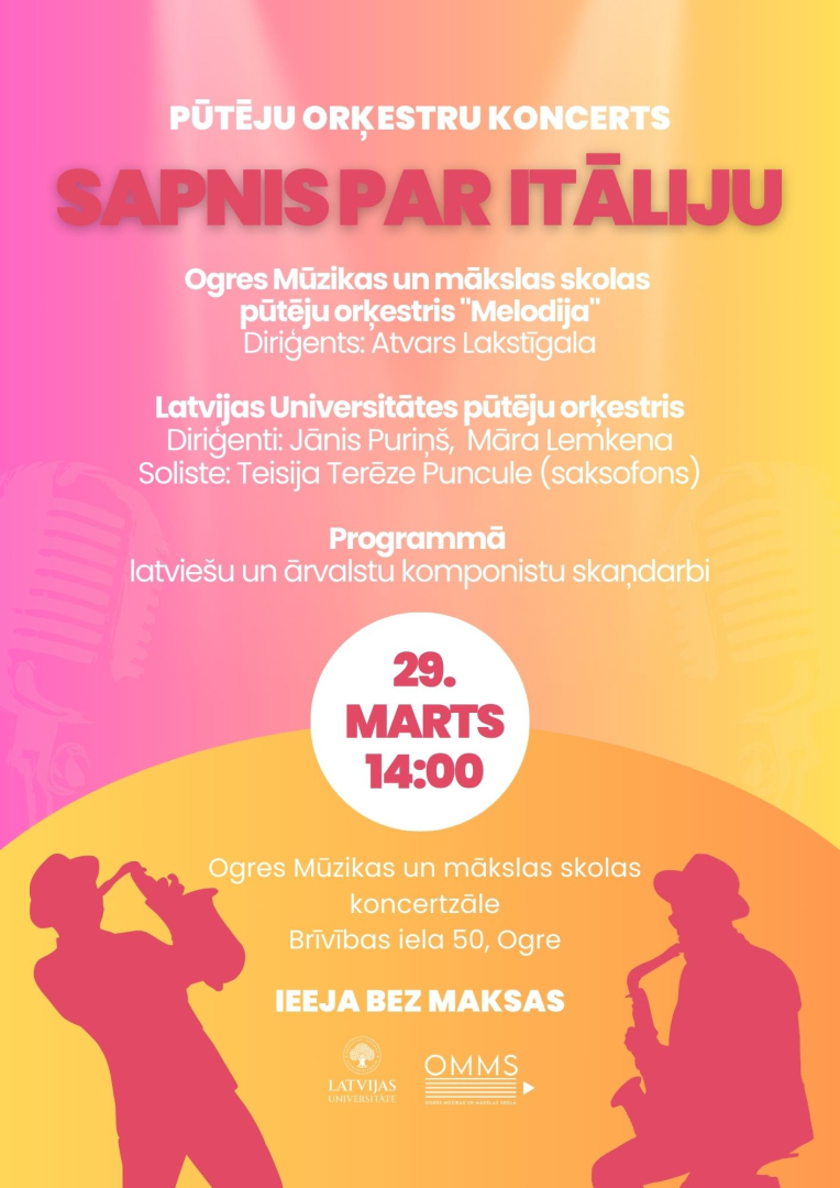 29. martā plkst. 14.00 Ogres Mūzikas un mākslas skolas koncertzālē uzstāsies OMMS pūtēju orķestris "Melodija" un Latvijas Universitātes pūtēju orķestris