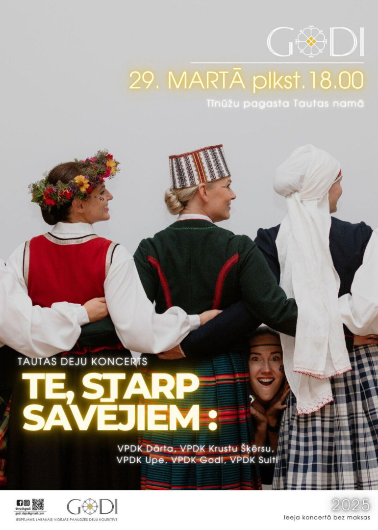Vidējās paaudzes deju kolektīva Godi un draugu koncerts "Te, starp savējiem" Ikšķiles Tautas namā 29. martā plkst. 18.00