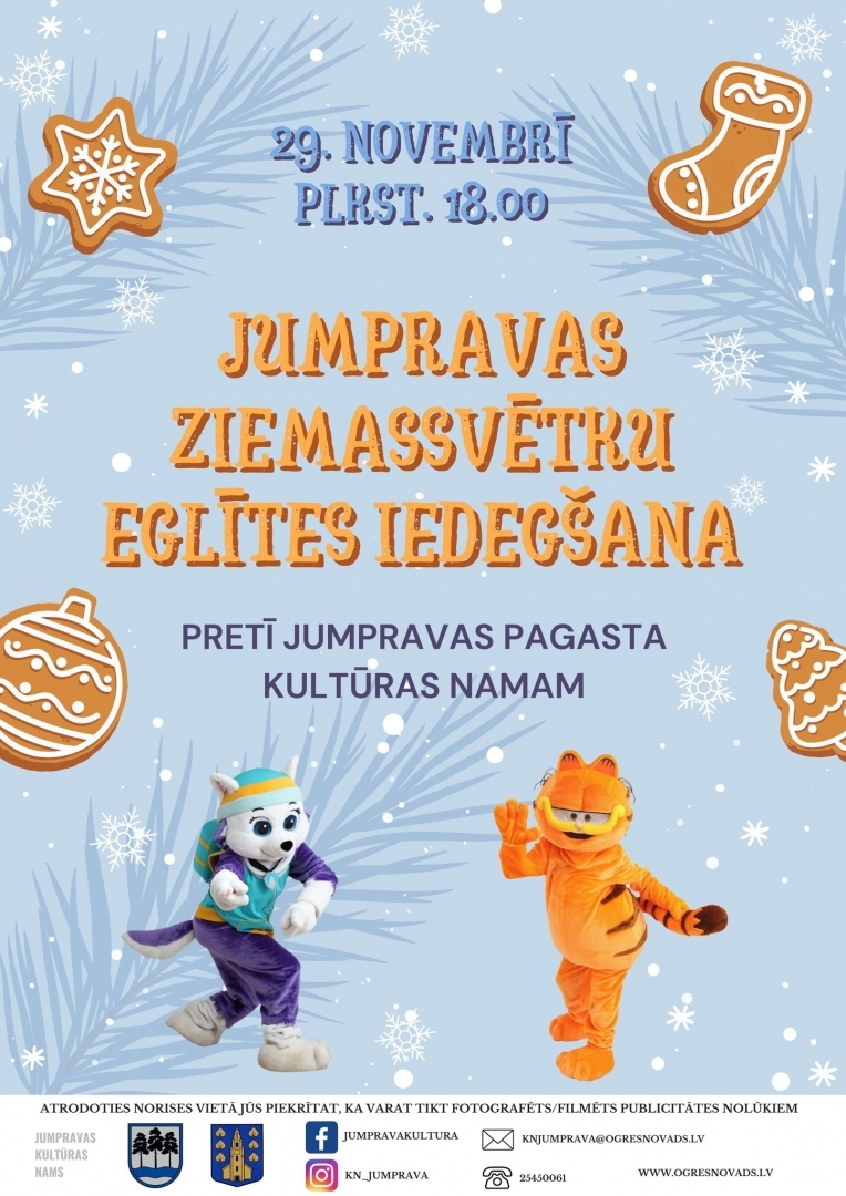 Afiša ar piparkūkām un pasaku tēliem uz gaiši zila fona