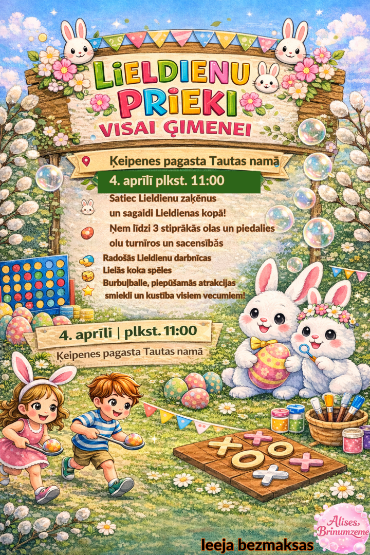 Afiša ar informāciju par pasākumu pavasarīgās noskaņās ar Lieldienu zaķiem, olām, bērniem un pūpoliem