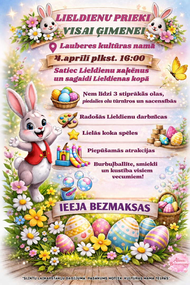4. aprīlī plkst.16.00 Lauberes Kultūras namā “Lieldienu prieki visai ģimenei” Satiec Lieldienu zaķēnus un sagaidi Lieldienas kopā: Ņem līdzi 3 stiprākās olas, piedalies olu turnīros un sacensībās; Radošās Lieldienu darbnīcas; Lielās koka spēles; Piepūšamās atrakcijas; Burbuļballīte, smiekli un kustība visiem.  Ieeja bezmaksas