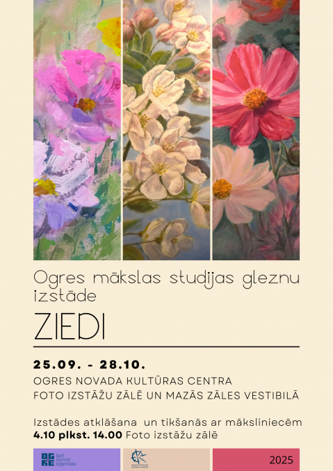 Izstādes atklāšana un tikšanās ar māksliniecēm 4. oktobrī plkst. 14.00 Foto izstāžu zālē. Afiša veidota no ziedu gleznu reprodukcijām