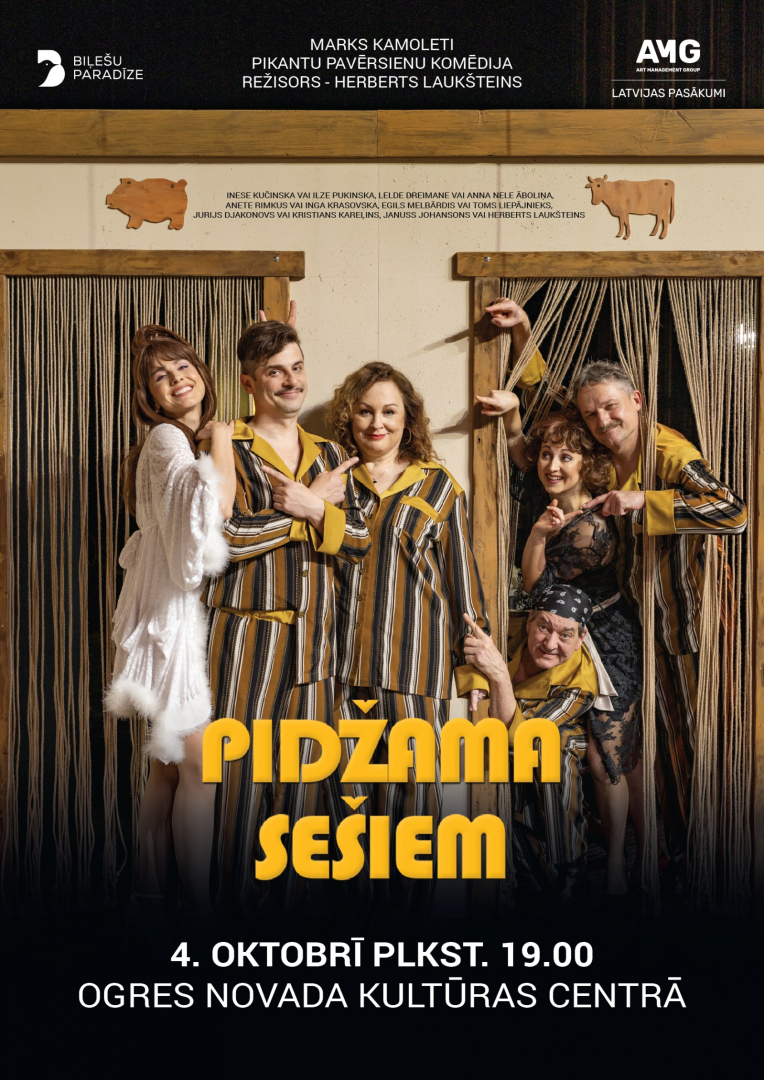 Afiša izrādei Pidžama sešiem. Attēlā aktieri, kas darbojas izrādē