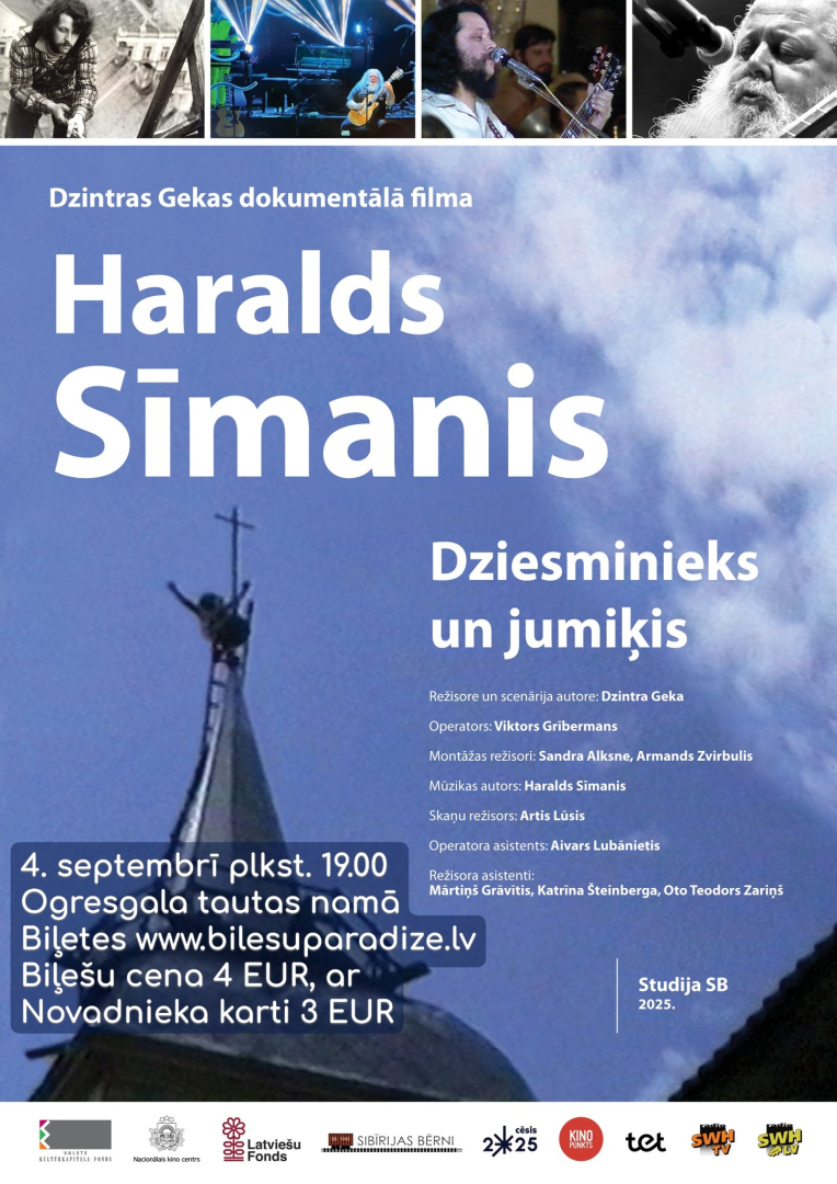 Haralds Sīmanis - dziesminieks un jumiķis. Dokumentālā filma Ogresgala tautas namā 4. septembrī plkst. 19.00. Attēlā H. Sīmaņa foto un jumts - tornītis uz debesu fona