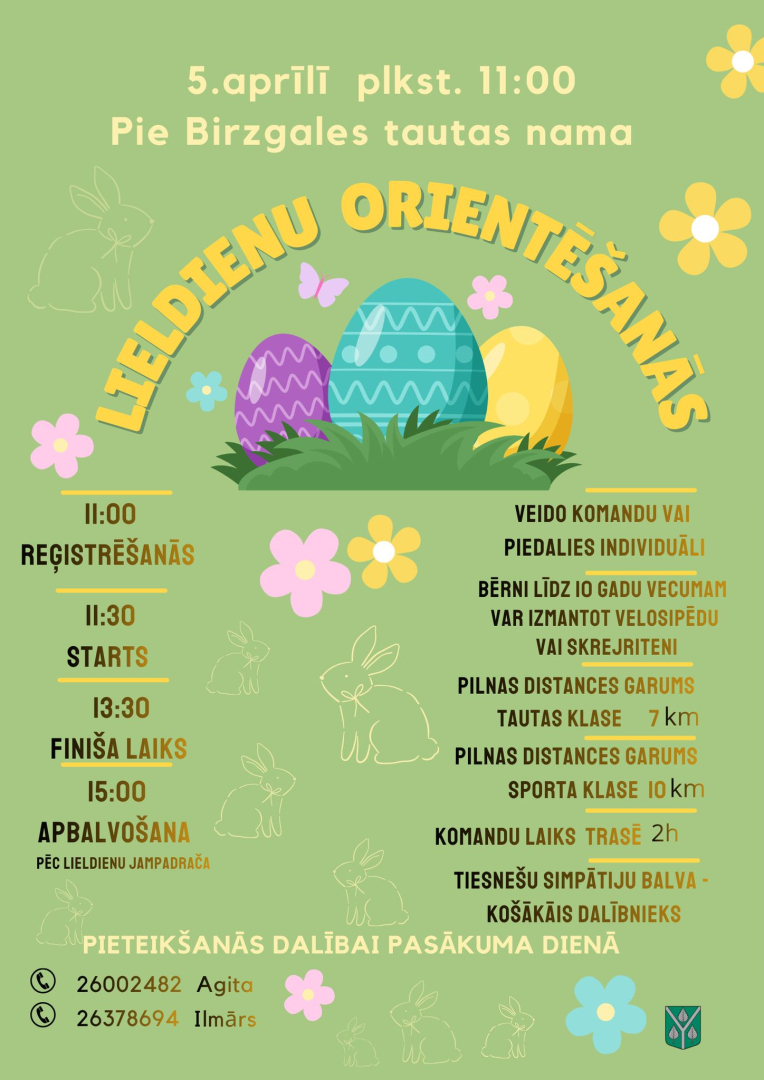 5. aprīlī plkst. 11.00 Pie Birzgales Tautas nama 11.00 – Lieldienu orientēšanās