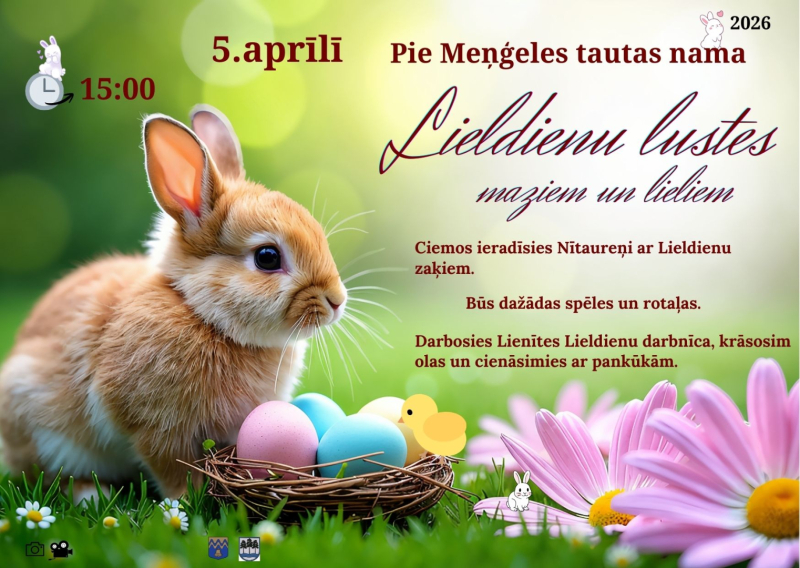 5. aprīlī Lieldienu lustes Meņģelē 15.00 pie tautas nama. Attēlā zaķēns ar krāsainām Lieldienu olām un rozā ziediem