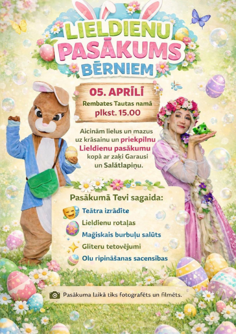 Lieldienu pasākums bērniem Rembatē 5. aprīlī plkst. 15.00. Ieeja bez maksas.