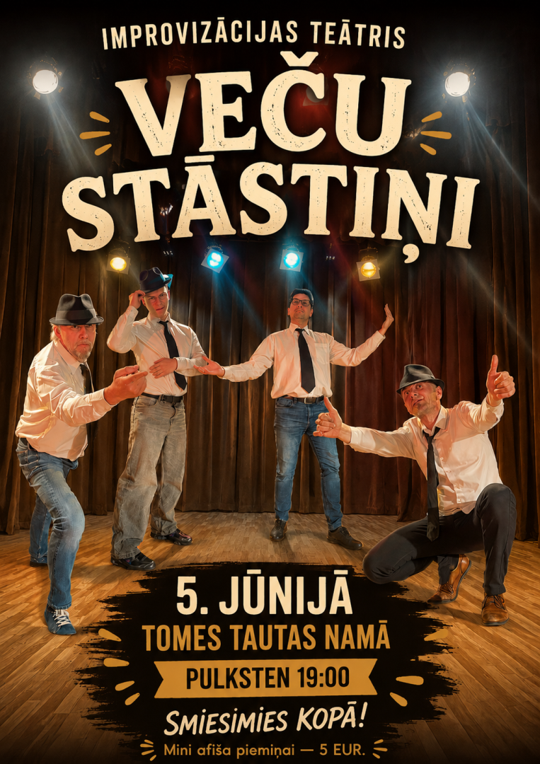 Improvizācijas teātris VEČU STĀSTIŅI Tomē 5. jūnijā plkst. 19.00 Tomes Tautas namā