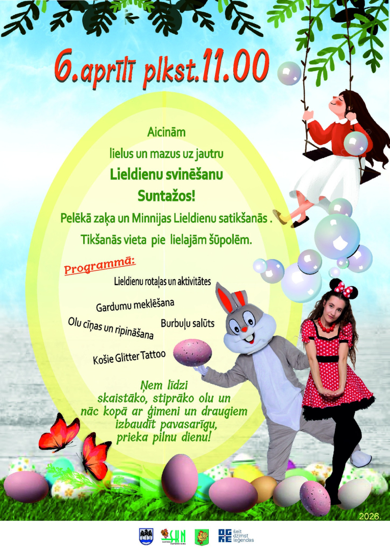 6. aprīlī plkst. 11.00 Lieldienu pasākums visai ģimenei Suntažos! Teātra izrāde, rotaļas, gardumu meklēšana, olu cīņas un ripināšana, burbuļu šovs