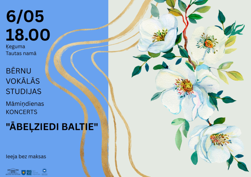 Bērnu vokālās studijas māmiņdienas koncerts "Ābeļziedi baltie" Ķeguma tautas namā 6. maijā plkst. 18.00