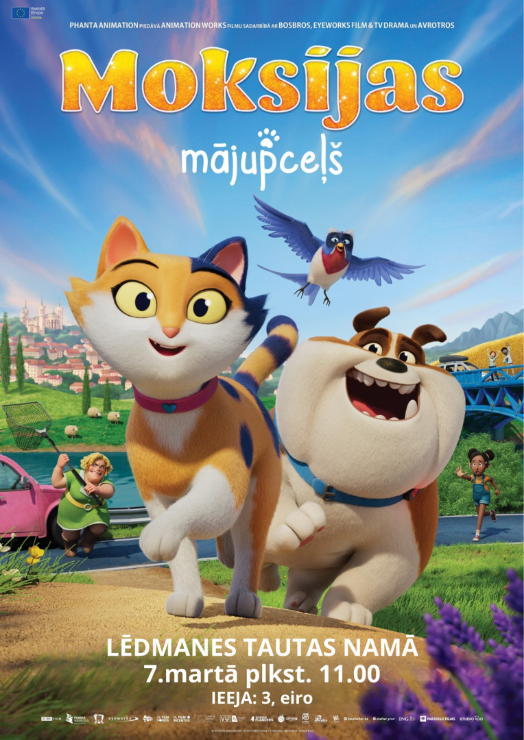 Afiša ar informāciju par kinoseansu un multfilmas tēliem - kaķi, suni un putnu