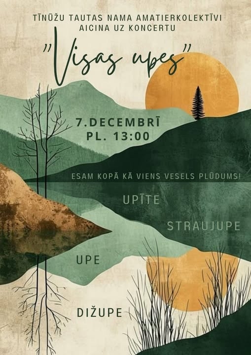 Tīnūžu tautas nama amatierkolektīvu koncerts Visas upes Tīnūžu tautas namā 7.decembrī pl. 13.00. Piedalās deju kolektīvi Upīte, Straujupe, Upe un Dižupe