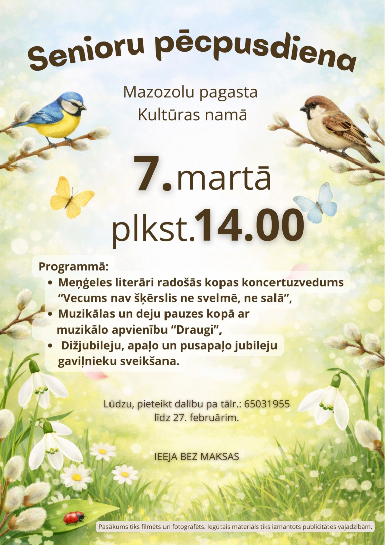 Afiša ar informāciju par pasākumu. Fonā - pavasara ziedi un zaros sēdoši putni - zīlīte un zvirbulis