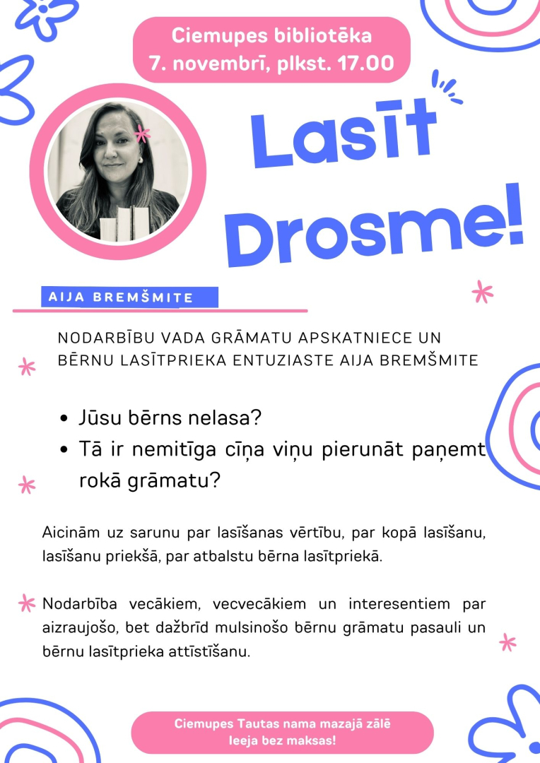 Krāsaina un raiba afiša ar Aijas Bremšmites attēlu