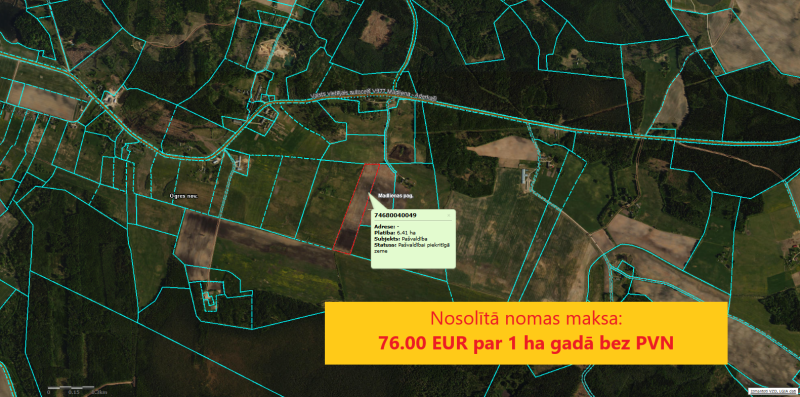 Nomas tiesību izsoles rezultāts īpašumam - zemes vienībai ar kadastra apzīmējumu 7468 004 0049, Madlienas pagastā ir 76 eiro par hektāru gadā bez PVN