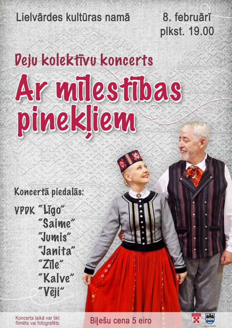 Deju kolektīvu koncerts Ar mīlestības pinekļiem Lielvārdes kultūras centrā 8.februārī pl. 19.00