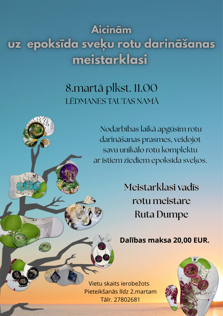 Afiša meistarklasei. Attēlā stilizēts zars, kuram lapu vieta epoksīda rotas