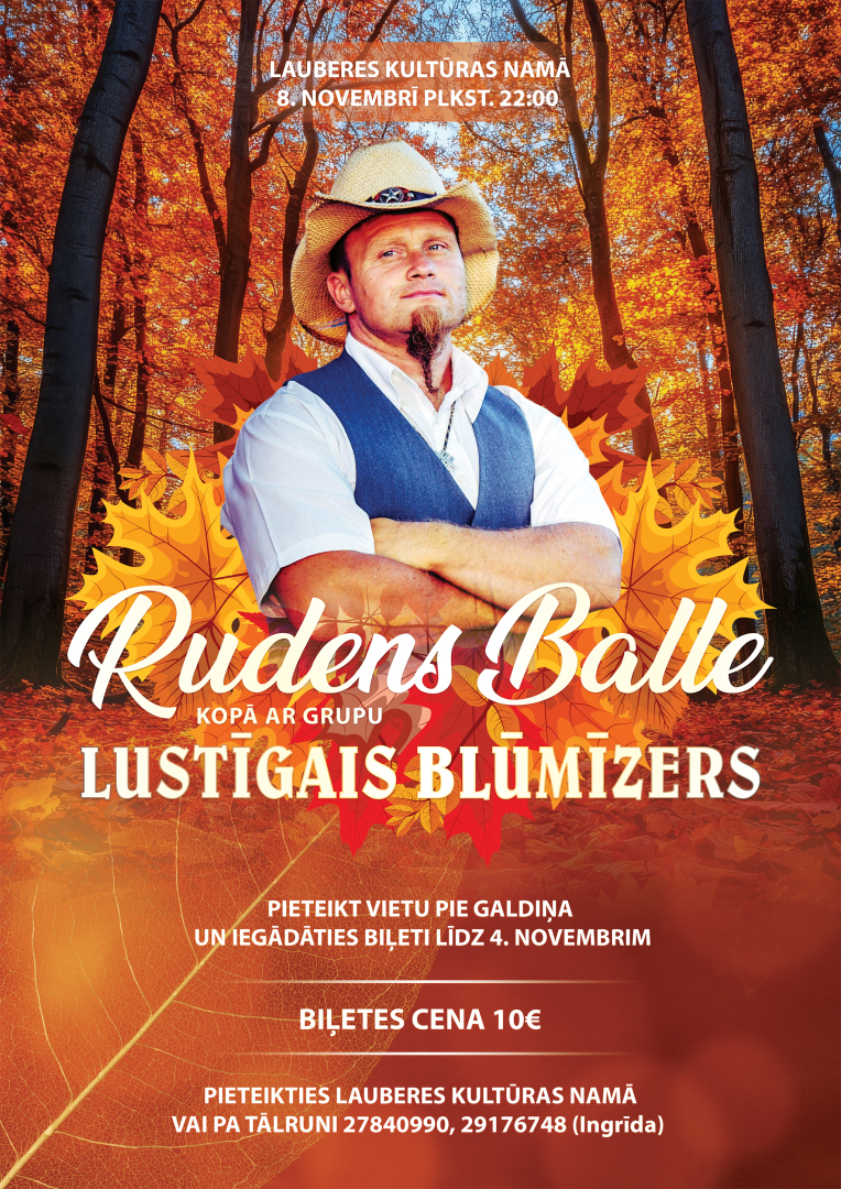 Afišā grupas Lustīgais Blūmīzers solists rudens lapu fonā