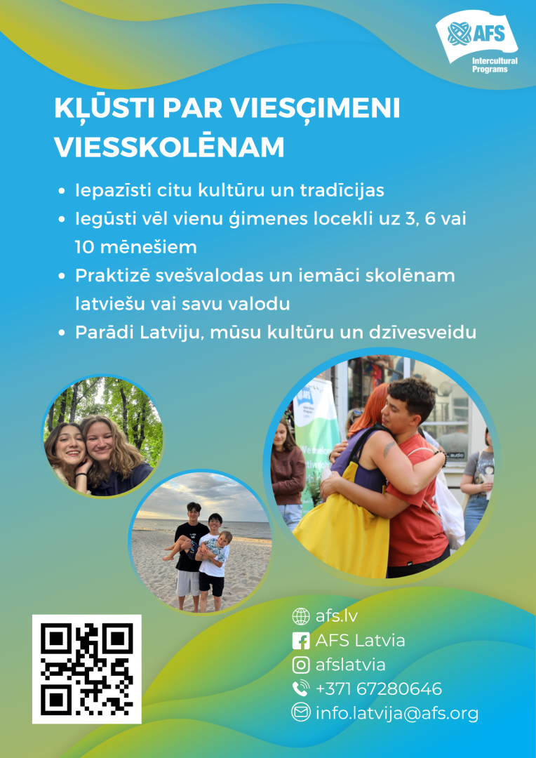 Aicinājums kļūt par viesģimeni vidusskolēnam. Attēlos viesskolēni ar savām viesģimenēm un qr kods
