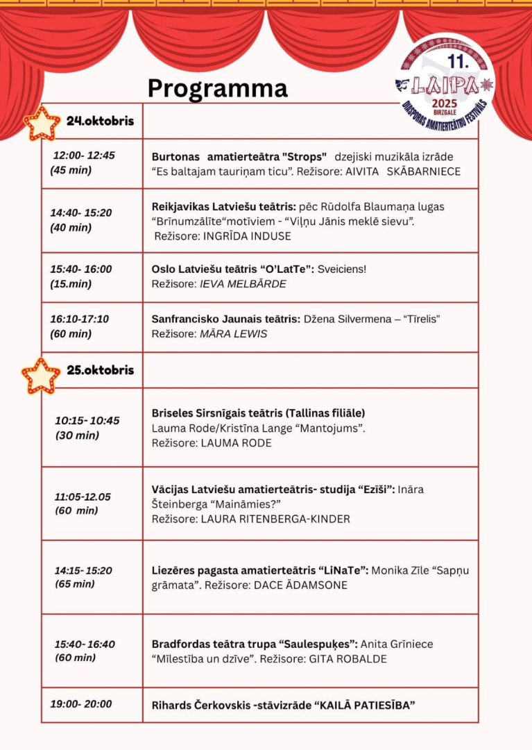 Diasporas amatierteātru festivāla "Laipa 2025" programma