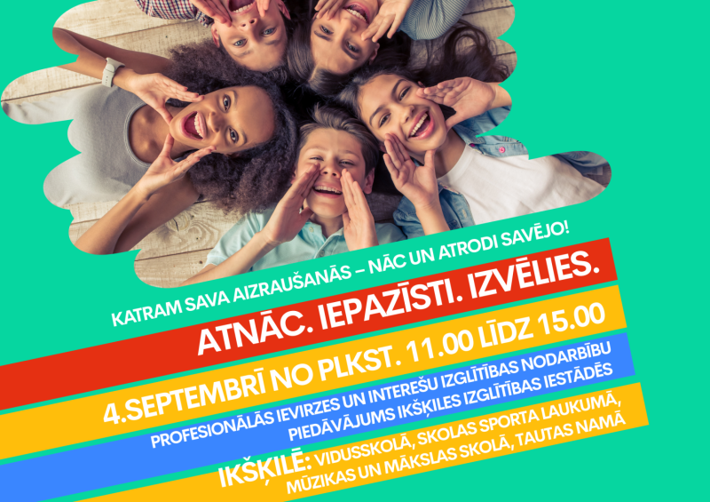 Iespēja iepazīties ar profesionālās ievirzes un interešu izglītības piedāvājumu jaunajam mācību gadam Ikšķilē. Afišā smaidīgi bērni ar pie mutes saliktām plaukstām, saucot.