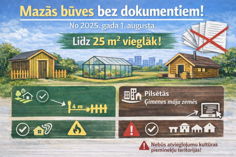 Mazās būves līdz 25 kvadrātmetriem iespējams uzstādīt bez saskaņojuma ar būvvaldi.