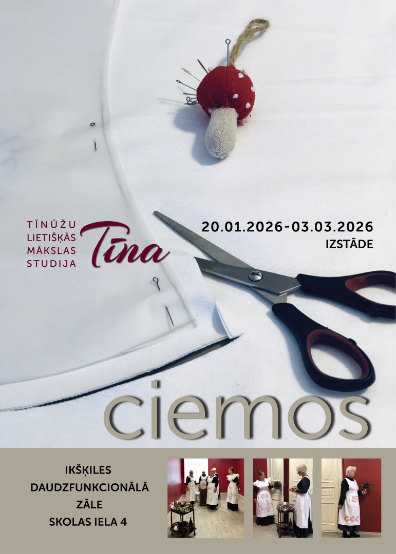 Izstāde "Ciemos". Afišā šķēres, audums, adatu spilventiņš sēnes formā.