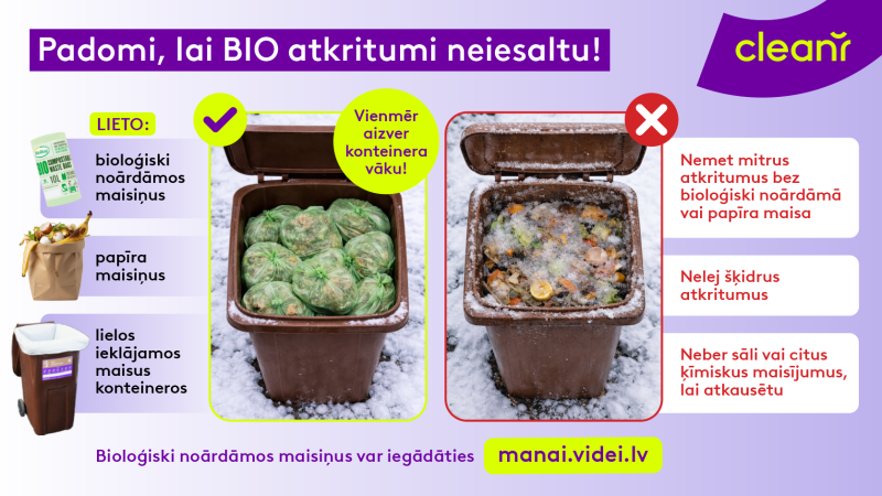 Atkritumu apsaimniekotāja Clean R sagatavota infografika, kā novērst bioloģisko atkritumu sasalšanu. Attēlā divi brūnie konteineri, vienā no tiem atkritumi savākti noārdāmos maisos, otrā - sasaluši.