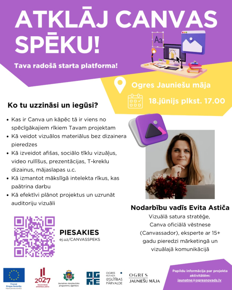 Apmācības jauniešiem veidot vizuāli stilīgus plakātus, TikTok video, Insta storijus, T-kreklu dizainus un pat savu mājaslapu. Attēlā pasniedzēja Evita Astiča 
