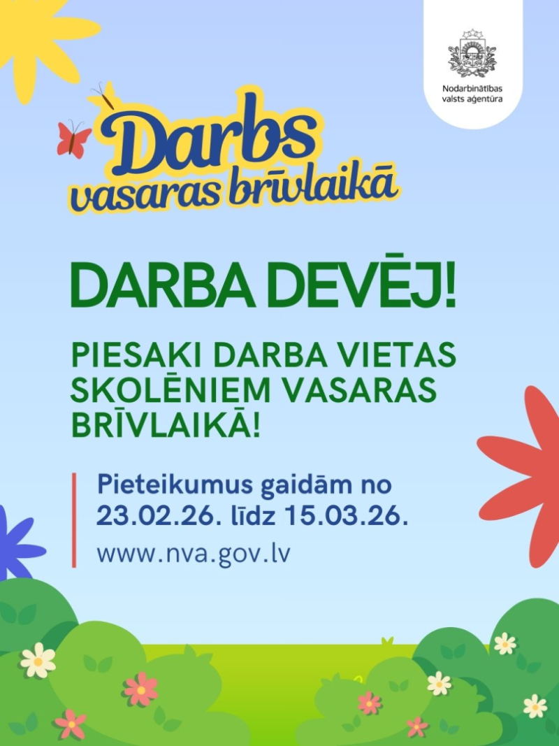 Aicinājums darba devējiem pieteikt darba vietas skolēniem vasaras brīvlaikā. 