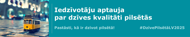 Latvijas valstspilsētās CSP aptaujās iedzīvotājus par dzīves kvalitāti. Stilizēts dzeltens tramvaja vagoniņš uz slapja ielas bruģa vakara ielu apgaismojumā