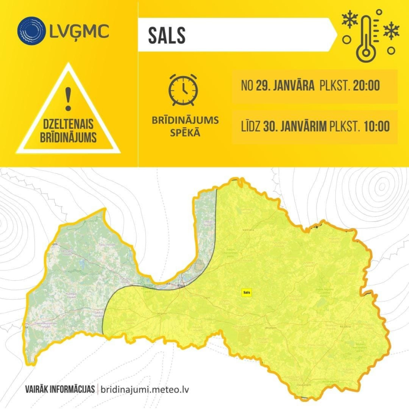 Infografika par brīdinājumu par stipru salu Latvijā. Redzama Latvija karte ar iezīmētu teritoriju dzeltenā krāsā, kurā stiprais sals ir iespējams
