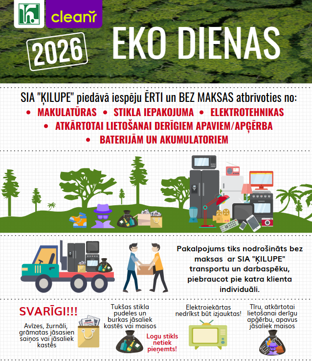 Akcijas „EKO Diena” ietvaros ar „Ķilupes” autotransportu un darbaspēku, piebraucot pie katra klienta individuāli, tiks bez maksas savākta: • makulatūra – kastēs vai maisos saliktas avīzes, žurnāli, grāmatas; • stikla iepakojums – kastēs vai maisos saliktas tukšas stikla burkas un pudeles; • baterijas un akumulatori – atsevišķi nodalīti no pārējiem atkritumiem; • neizjaukta sadzīves elektrotehnika – televizori, ledusskapji, gāzes plītis, veļas mašīnas, trauku mazgājamās mašīnas, datori un monitori, radioapa
