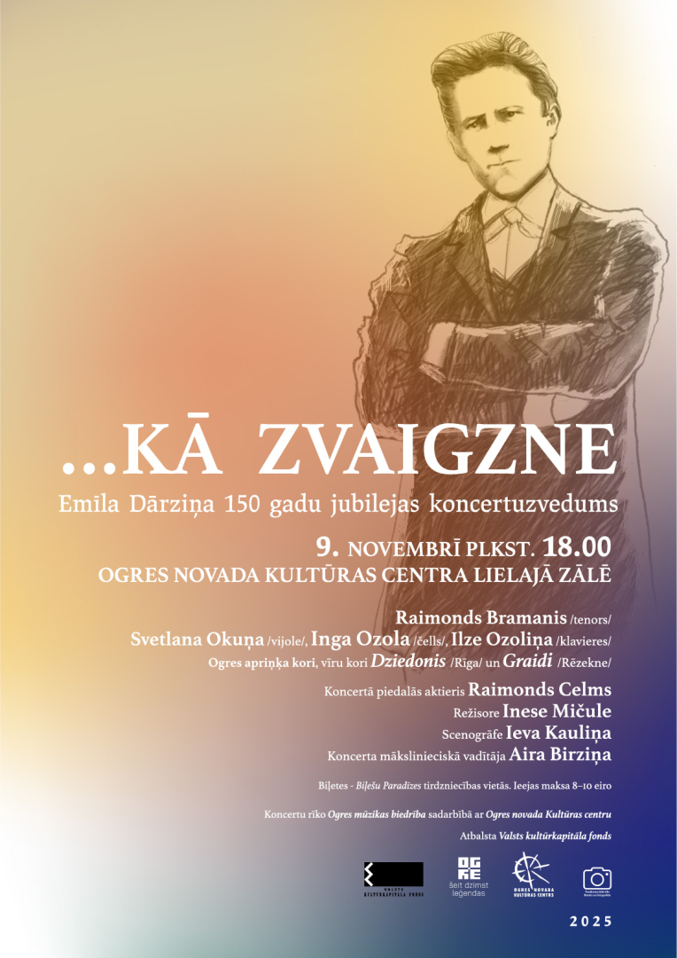 Koncerta afiša ar zīmētu Emīlu Dārziņu
