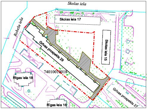 Karte - daudzdzīvokļu dzīvojamajai mājai Grīvas prospektā 29 funkcionāli nepieciešamo zemes gabalu noteikšanu