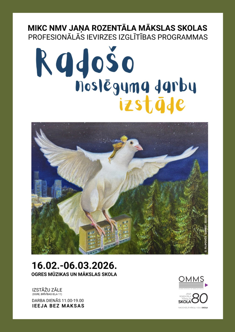 Afiša ar informāciju par izstādi un vienu no darbiem - baltu lidojušu balodi, kas uz muguras nes zēnu un kājās tur daudzdzīvokļu namu
