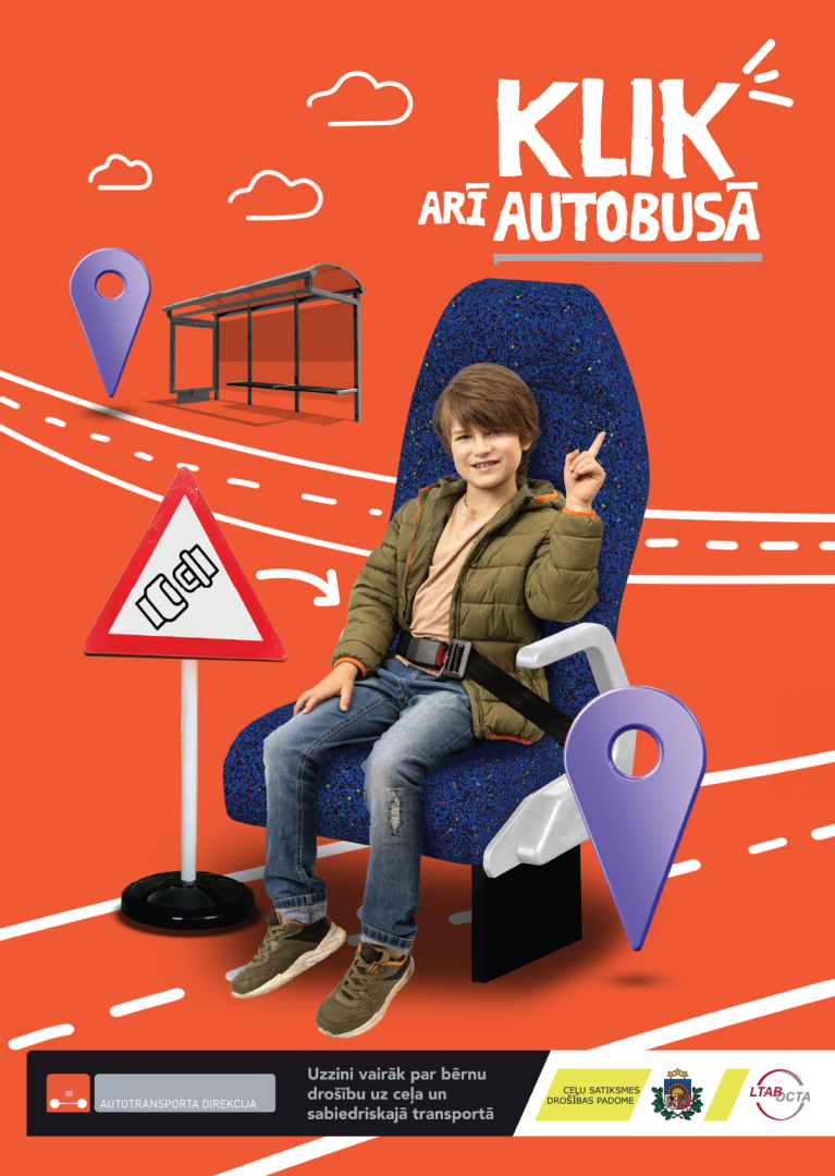 Attēls kampaņai par bērnu piesprādzēšanos sabiedriskajā transportā. Attēlā redzams puisis autobusa krēslā, kurš ir piesprādzējies ar drošības jostu.