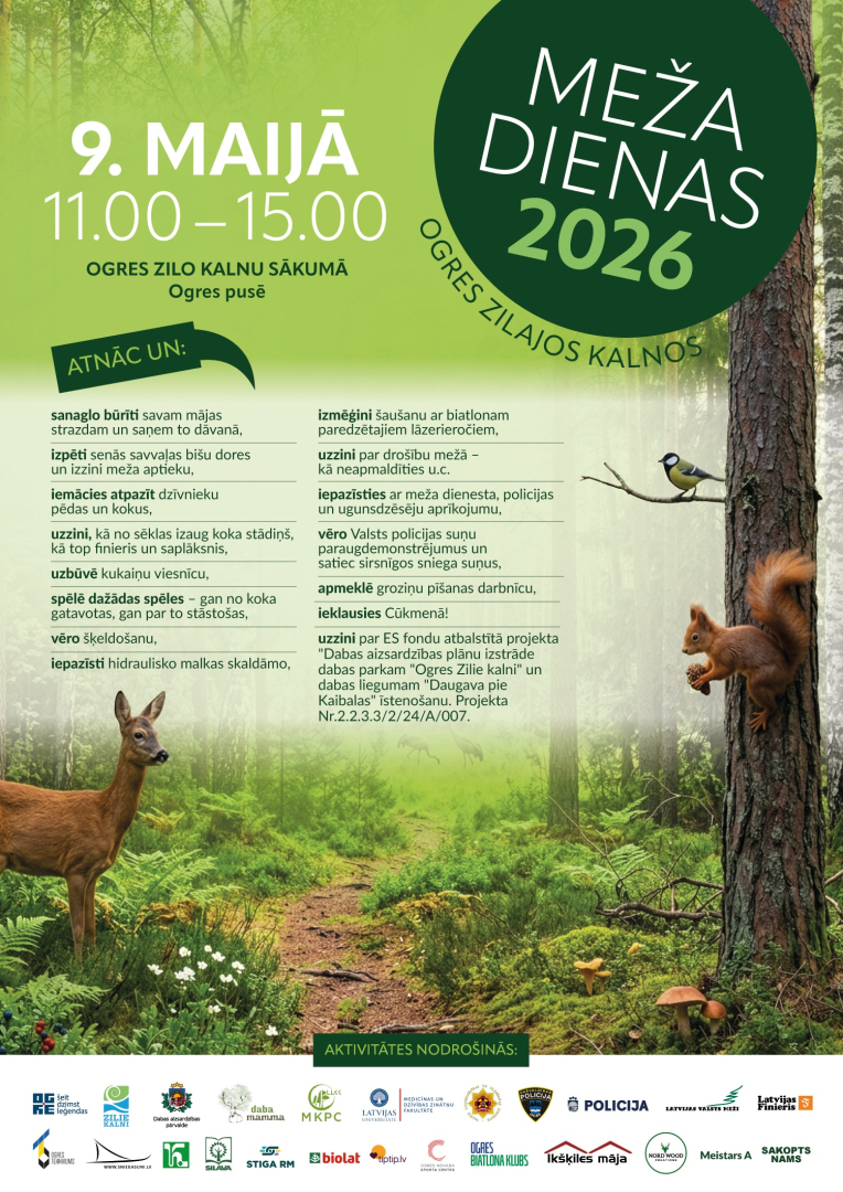 9. maijā no plkst. 11.00 līdz 15.00 dabas parkā “Ogres Zilie kalni” notiks vides izglītojošs pasākums “Meža dienas 2026”, uz kuru aicināti Ogres novada iedzīvotāji un viesi, īpaši ģimenes ar bērniem.