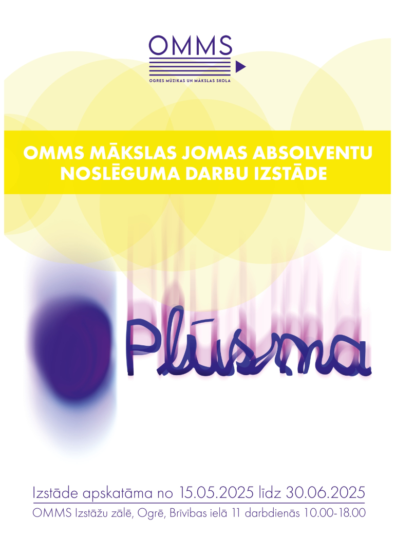 Ogres Mūzikas un mākslas skolas izstāžu zālē skatāma šī gada mākslas jomas absolventu noslēguma darbu izstāde PLŪSMA.  Ekspozīcija atvērta līdz 2025. gada 30. jūnijam 