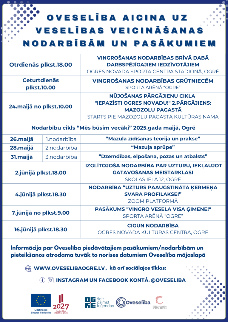 Oveselība aicina uz veselības veicināšanas nodarbībām un pasākumiem