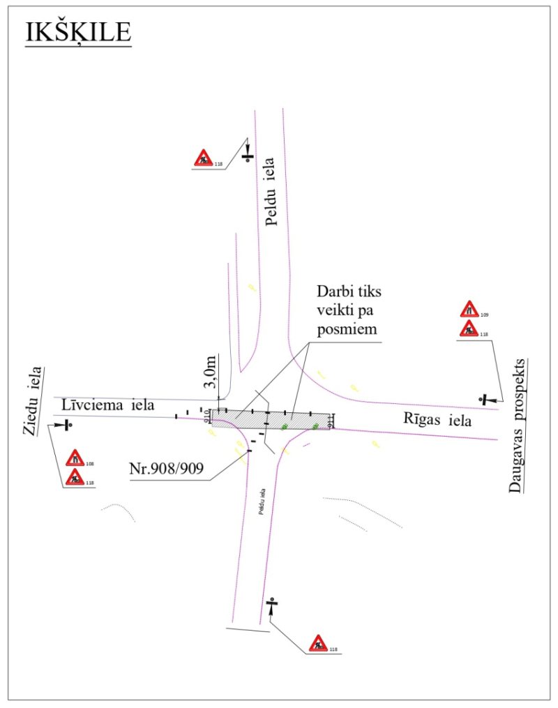 Ūdensvada un kanalizācijas izbūve Ikšķilē Peldu un Rīgas ielas krustojumā. Ielu shēma