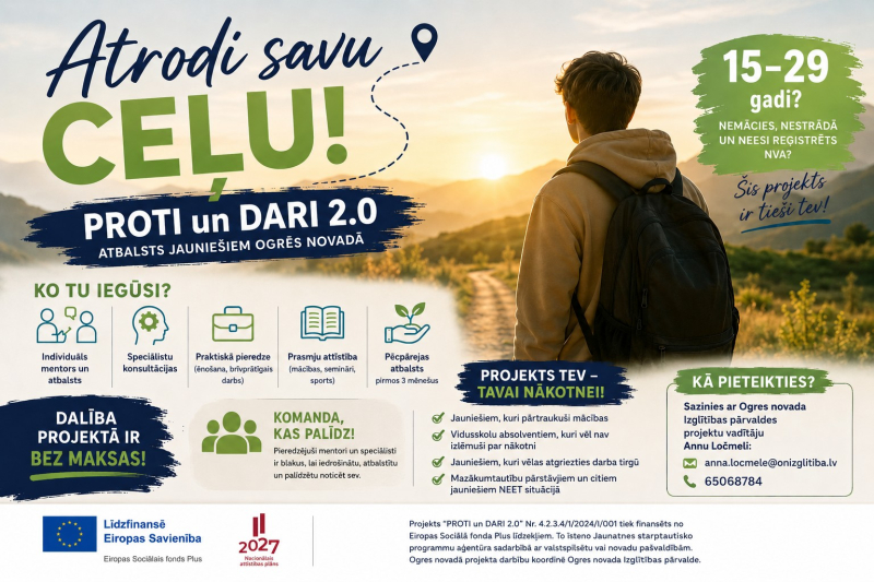 Ogres novadā veiksmīgi turpinās Eiropas Sociālā Fonda Plus projekts “PROTI un DARI 2.0”, piedāvājot bezmaksas individuālu atbalstu katra jaunieša izaugsmei.