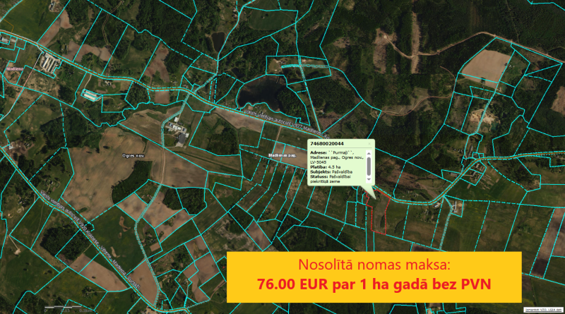 Nomas tiesību izsoles rezultāts - nosolītā nomas maksa īpašumam "Purmaļi" Madlienā ir 76 eiro par hekrāru gadā bez PVN 