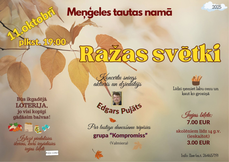 Ražas svētki Meņģeles tautas namā 11. oktobrī plkst. 19.00. Afiša ar dzeltenām rudens lapām
